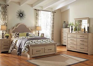 Annilynn Queen Upholstered Storage Bed, Dresser & Mirror