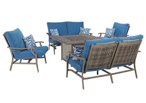 Partanna Blue/Beige Square Fire Pit Table w/2 Motion Lounge Chair and 2 Motion Loveseats