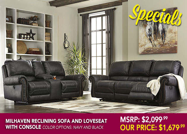 Milhaven Black Reclining Sofa and Loveseat w/Console